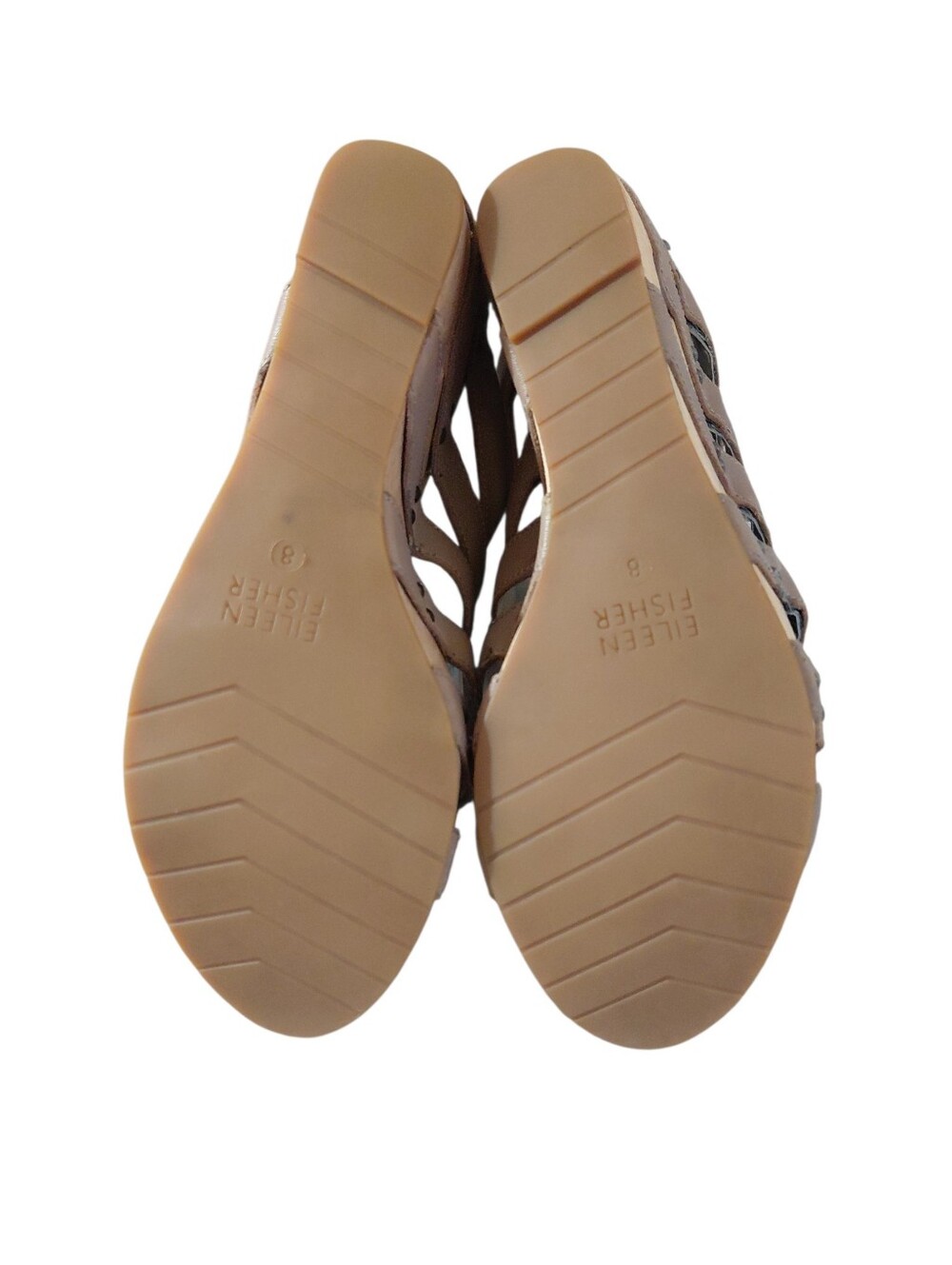 Eileen Fisher Taupe Strappy Cut Out Wood Wedge Sandals Size 8 - Picture 10 of 14